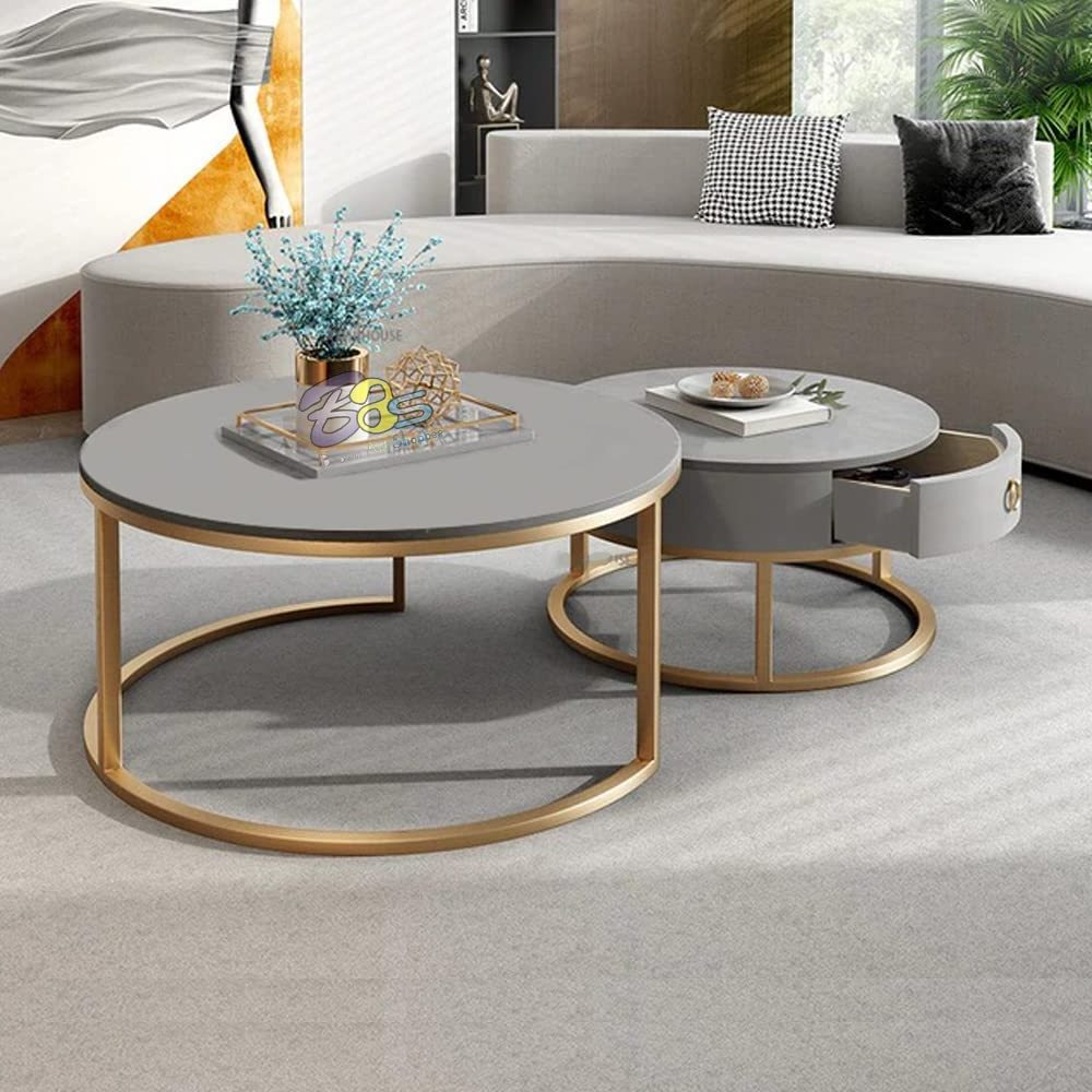 Share Round Nesting Coffee Table Set of 2 Stacking End Side Table with Metal Frame Sofa Tea