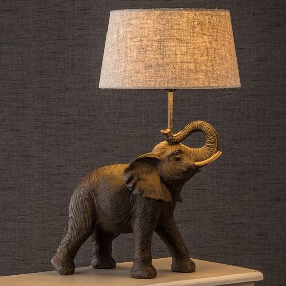 European Style Elephant Table Lamp 14 Inch LED Bedside Lamp Environmental Resin Body + Fabric Shade Lampshade