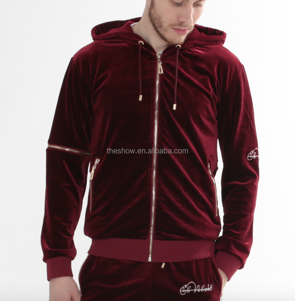 stylish men official custom velour tracksuits blank Wholesale Clothing Custom Zip Up Men's Red Burgundy Velvet Tracksuits