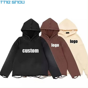 Streetwear Custom Mens Clothing Blank 100% Cotton Sweatshirts Oversized Distressed Raw Hem Acid Washed Cropped Hoodie Men