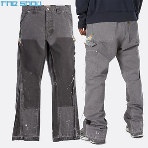 OEM Custom Vintage Mens Flare 100% Cotton Distressed  Stacked Jeans Splash Paint Double Knee Carpenter Pants Men