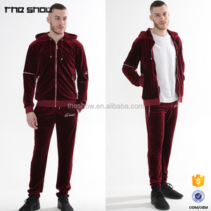 stylish men official custom velour tracksuits blank Wholesale Clothing Custom Zip Up Men's Red Burgundy Velvet Tracksuits