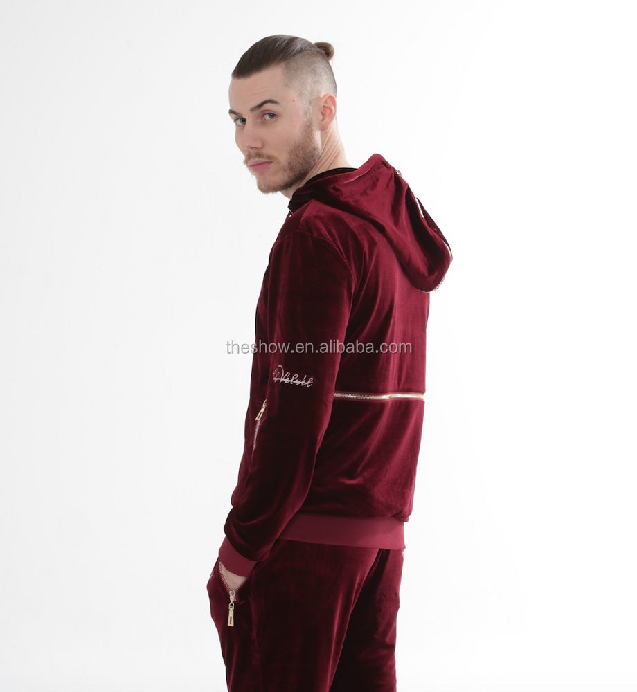 stylish men official custom velour tracksuits blank Wholesale Clothing Custom Zip Up Men's Red Burgundy Velvet Tracksuits