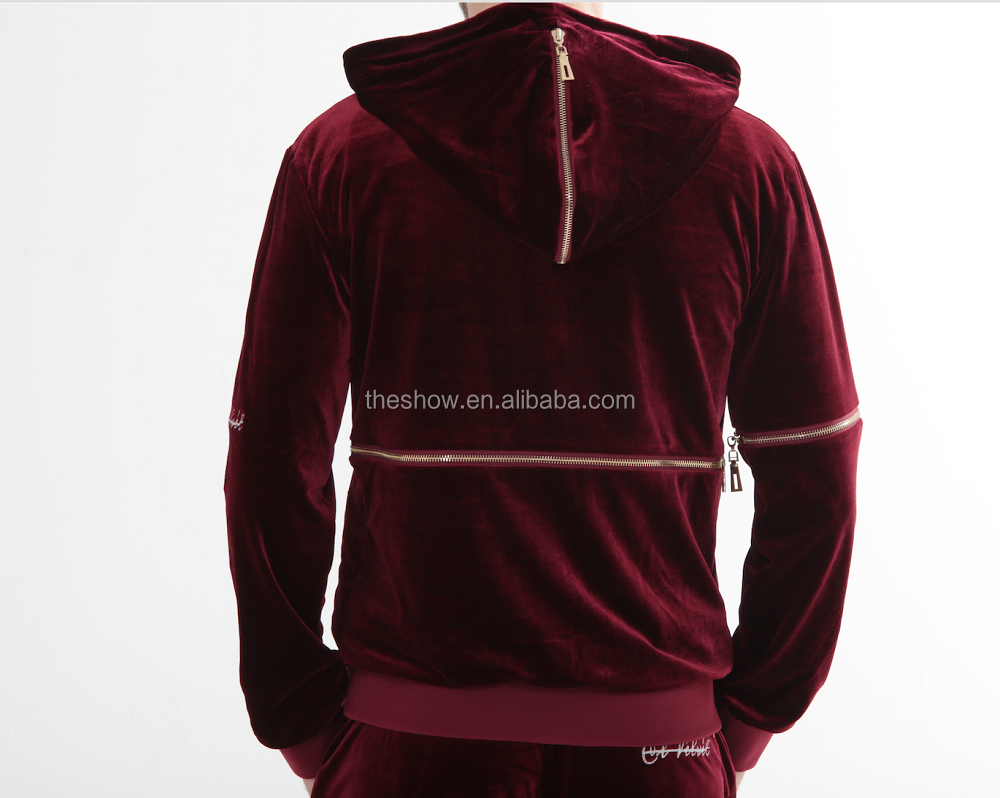 stylish men official custom velour tracksuits blank Wholesale Clothing Custom Zip Up Men's Red Burgundy Velvet Tracksuits