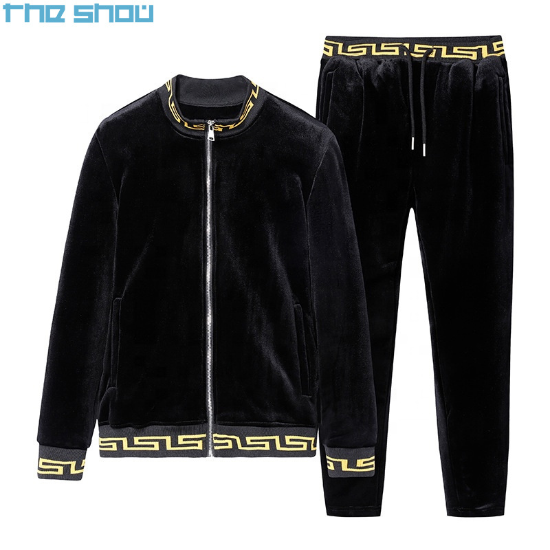 OEM Custom Sportswear Joggers Two Piece Set Velvet Jacquard Weave Embroider Logo Zipper Blank Velour Tracksuit Men