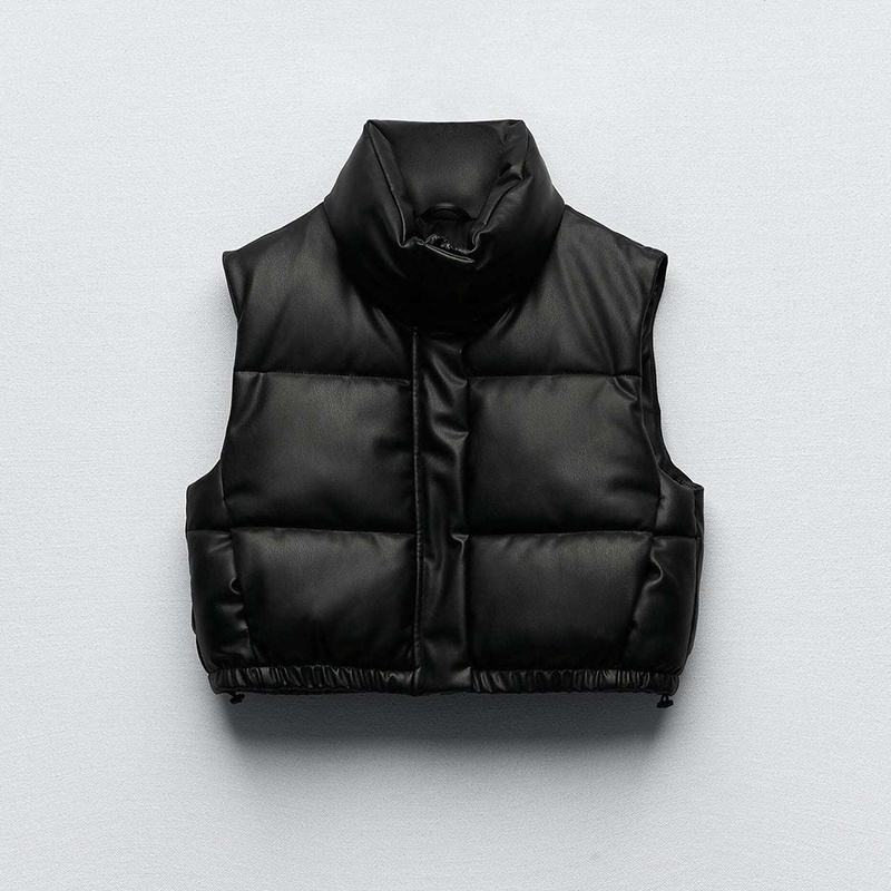 New Custom Logo Winter Womens Adjustable Hem Puffer Soild Bubble Crop Black Pu Leather Vest Jacket