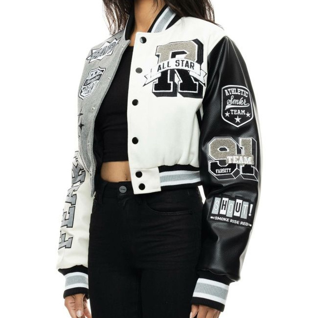 Wholesale Fashion Custom Logo Faux Leather Sleeves Letterman With Patches Girls Cropped Varsity Jacket Women