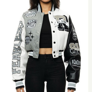 Wholesale Fashion Custom Logo Faux Leather Sleeves Letterman With Patches Girls Cropped Varsity Jacket Women