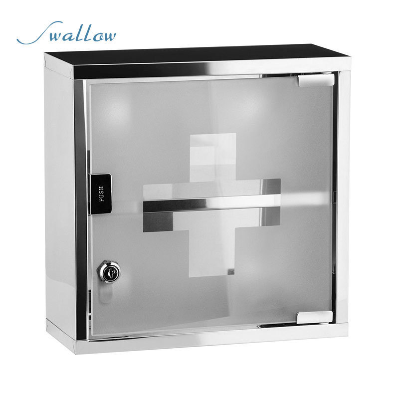 Wall Mounted Lock Stainless Steel Medicine Cabinet First Aid Cupboard Box