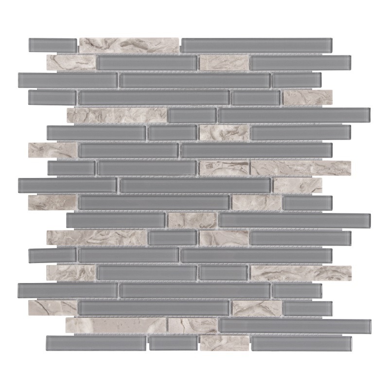 Sunwings Glass Mosaic Tile | Stock in US | Glass and Stone Linear Mix Gray Interlocking Mosaics Wall And Floor Tile