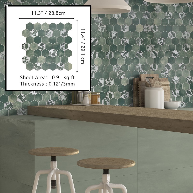 Sunwings Peel and Stick Hexagon Tile | Stock in US | Stone Composite Kitchen Green Flower Pattern Self Adhesive Wall Tile