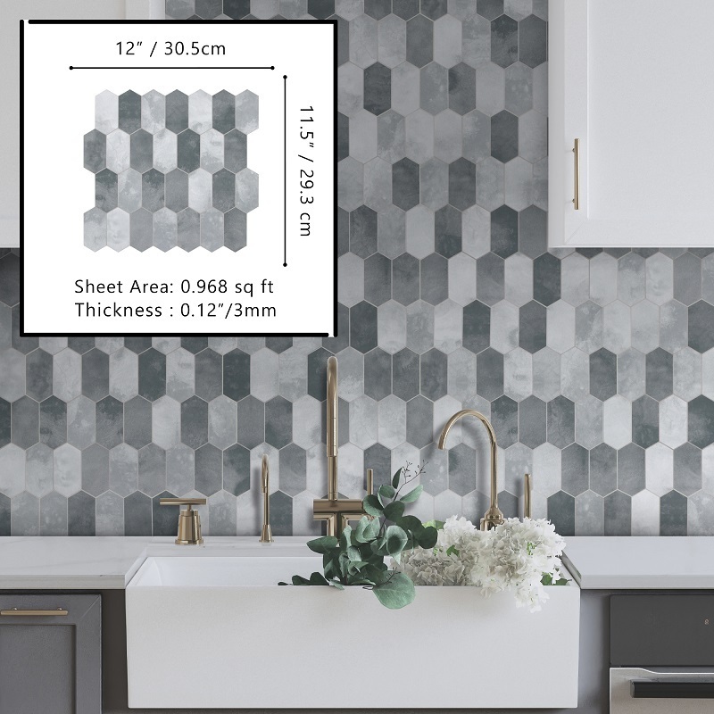 Sunwings Peel and Stick Long Hexagon Tile | Stock in US | Grey Cement Looks Picket Patterns Mosaic Tile For Kitchen Backsplash