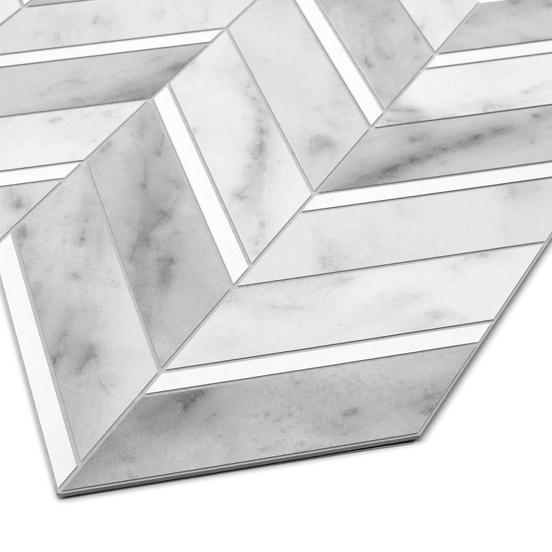 Sunwings Peel and Stick Chevron Tile | Stock in US | Bianco Carrara Looks Stone Composite Stick On Tile For Interior Decor