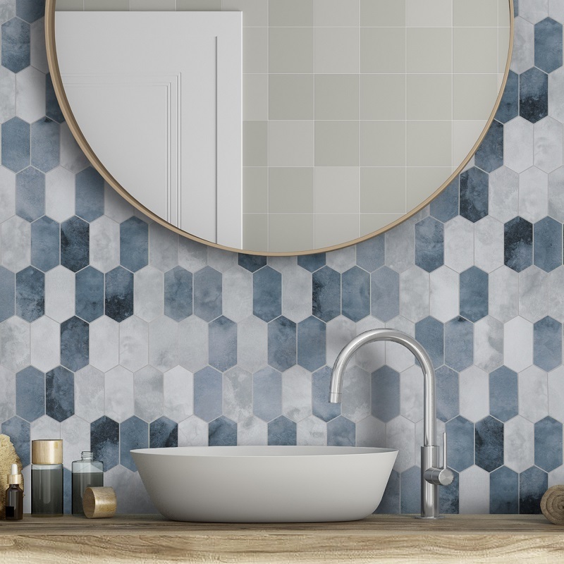 Sunwings Peel and Stick Long Hexagon Tile | Stock in US | Blue Cement Looks Picket Patterns Mosaic Tile For Kitchen Backsplash