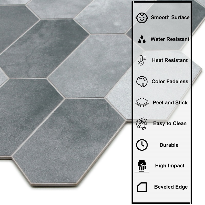 Sunwings Peel and Stick Long Hexagon Tile | Stock in US | Grey Cement Looks Picket Patterns Mosaic Tile For Kitchen Backsplash