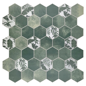 Sunwings Peel and Stick Hexagon Tile | Stock in US | Stone Composite Kitchen Green Flower Pattern Self Adhesive Wall Tile