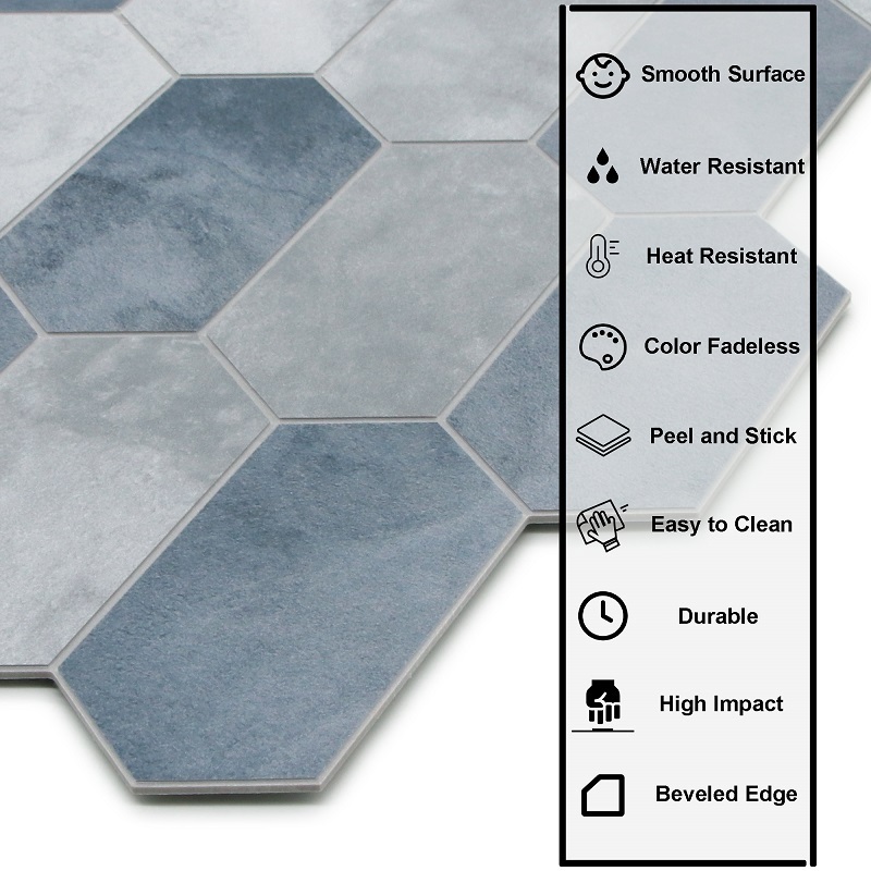 Sunwings Peel and Stick Long Hexagon Tile | Stock in US | Blue Cement Looks Picket Patterns Mosaic Tile For Kitchen Backsplash