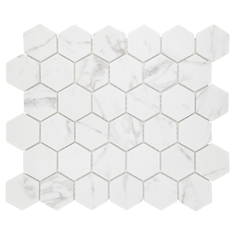 Sunwings Hexagon Recycled Glass Mosaic Tile | Stock in US | White Calacatta Hexagon Mosaics Wall And Floor Tile