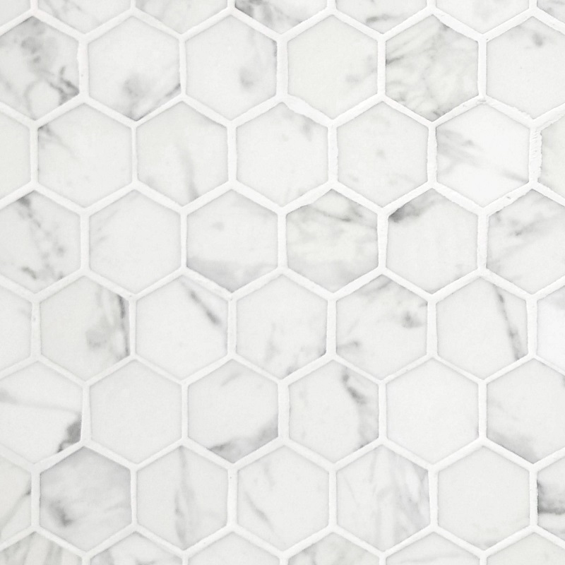 Sunwings Hexagon Recycled Glass Mosaic Tile | Stock in US | White Calacatta Hexagon Mosaics Wall And Floor Tile