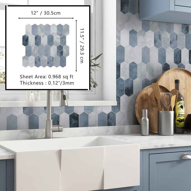 Sunwings Peel and Stick Long Hexagon Tile | Stock in US | Blue Cement Looks Picket Patterns Mosaic Tile For Kitchen Backsplash