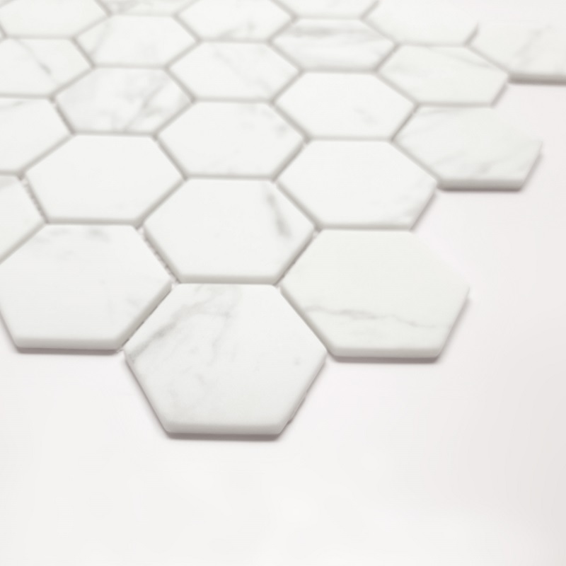 Sunwings Hexagon Recycled Glass Mosaic Tile | Stock in US | White Calacatta Hexagon Mosaics Wall And Floor Tile