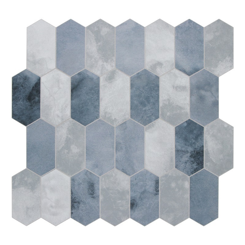 Sunwings Peel and Stick Long Hexagon Tile | Stock in US | Blue Cement Looks Picket Patterns Mosaic Tile For Kitchen Backsplash