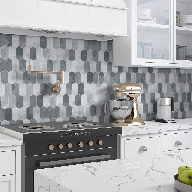 Sunwings Peel and Stick Long Hexagon Tile | Stock in US | Grey Cement Looks Picket Patterns Mosaic Tile For Kitchen Backsplash