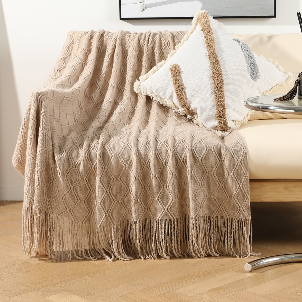 Manufacturers Summer Camel Heavyweight Throw Wool Cable Knit Blankets Wool Cable Knit Knee Blanket