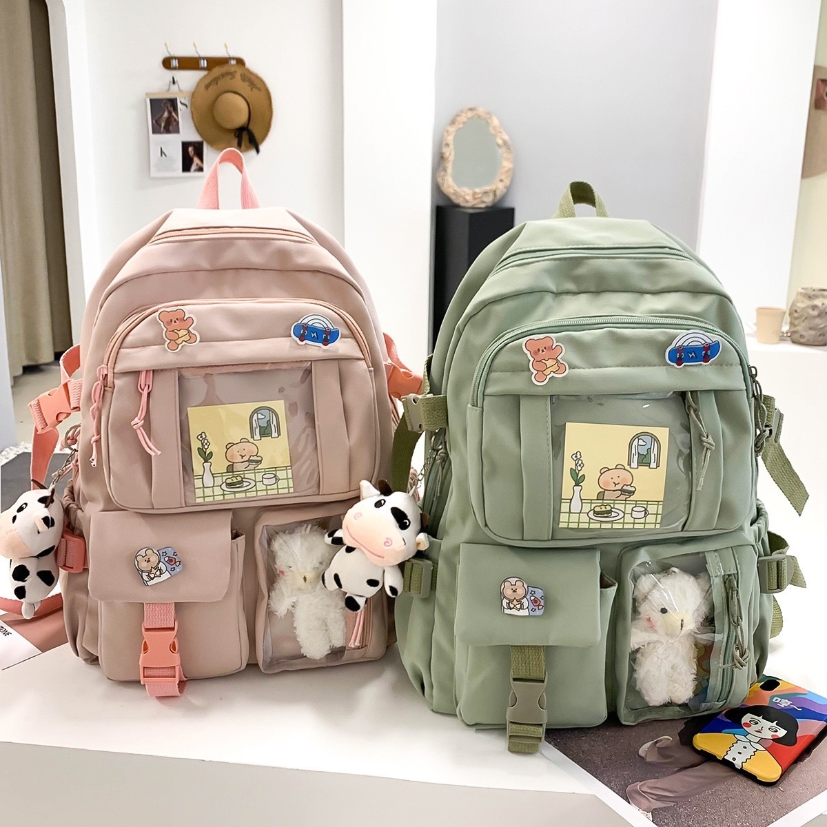 Macaroon Cloth girl backpack school bags Oxford with kawaii pendant cute pin mini backpack