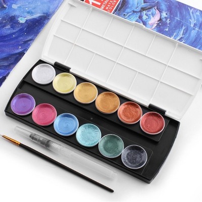 Watercolor Paints Professional Metallic Glitter Solid Colors Set with Brush Pen