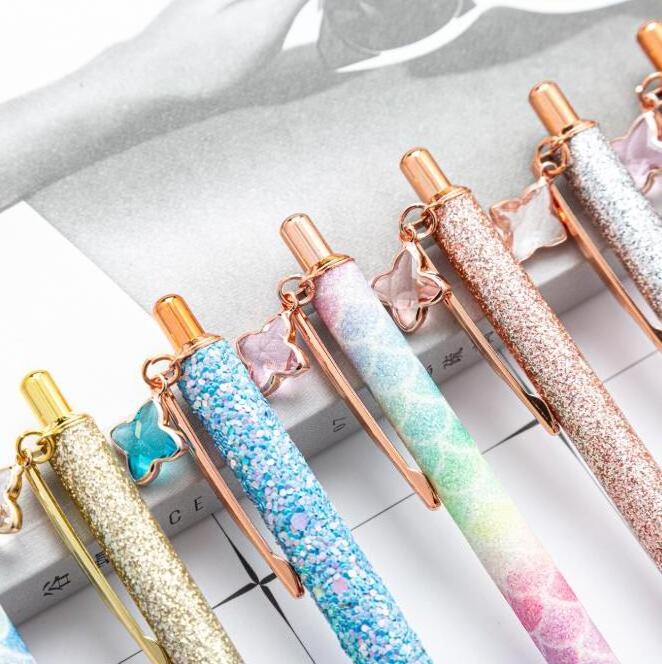 1mm Color glitter bling retractable metal ballpoint pen with diamond charms for girls and promotional gift