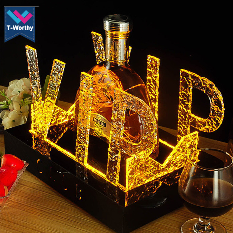 Customized Light up VIP Bottle Presenter Display Stand for Bar Night Club Wine Rechargeable Acrylic Brandy Bottle Holder