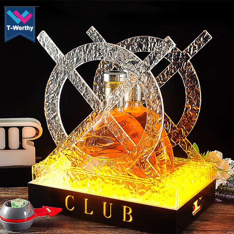 Customized Light up VIP Bottle Presenter Display Stand for Bar Night Club Wine Rechargeable Acrylic Brandy Bottle Holder