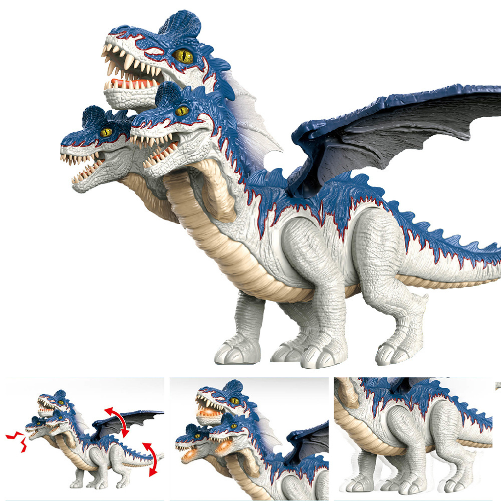 With light and music wings and tail can swing plastic 3 heads electric walking dragon toy