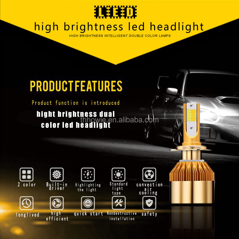 H4 H3 H7 H8 H11 Car Led Headlight Bulb 9005 9006 880 9012 H1 Double Color Auto Fog Lamp DC12V 38W Plug&Play white+amber