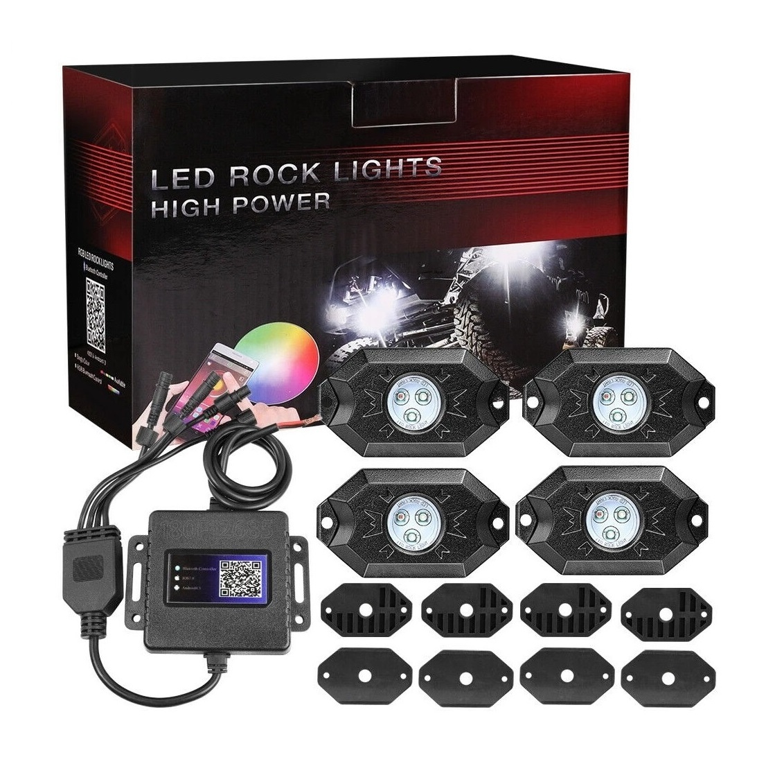 4 Pods LED Wireless Blue tooth RGB Rock Lights Chasing Multi-Color Offroad Truck ATV SUV rzr polaris LED Light for Music Mode