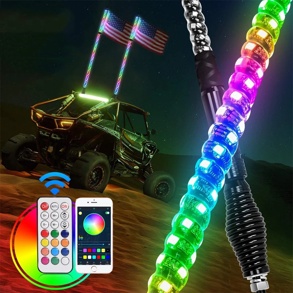 2/3/4/5FT LED Whip Light RGB Waterproof Bendable Remote Control Multi-color Super Bright Flagpole Light for SUV ATV RZR polaris