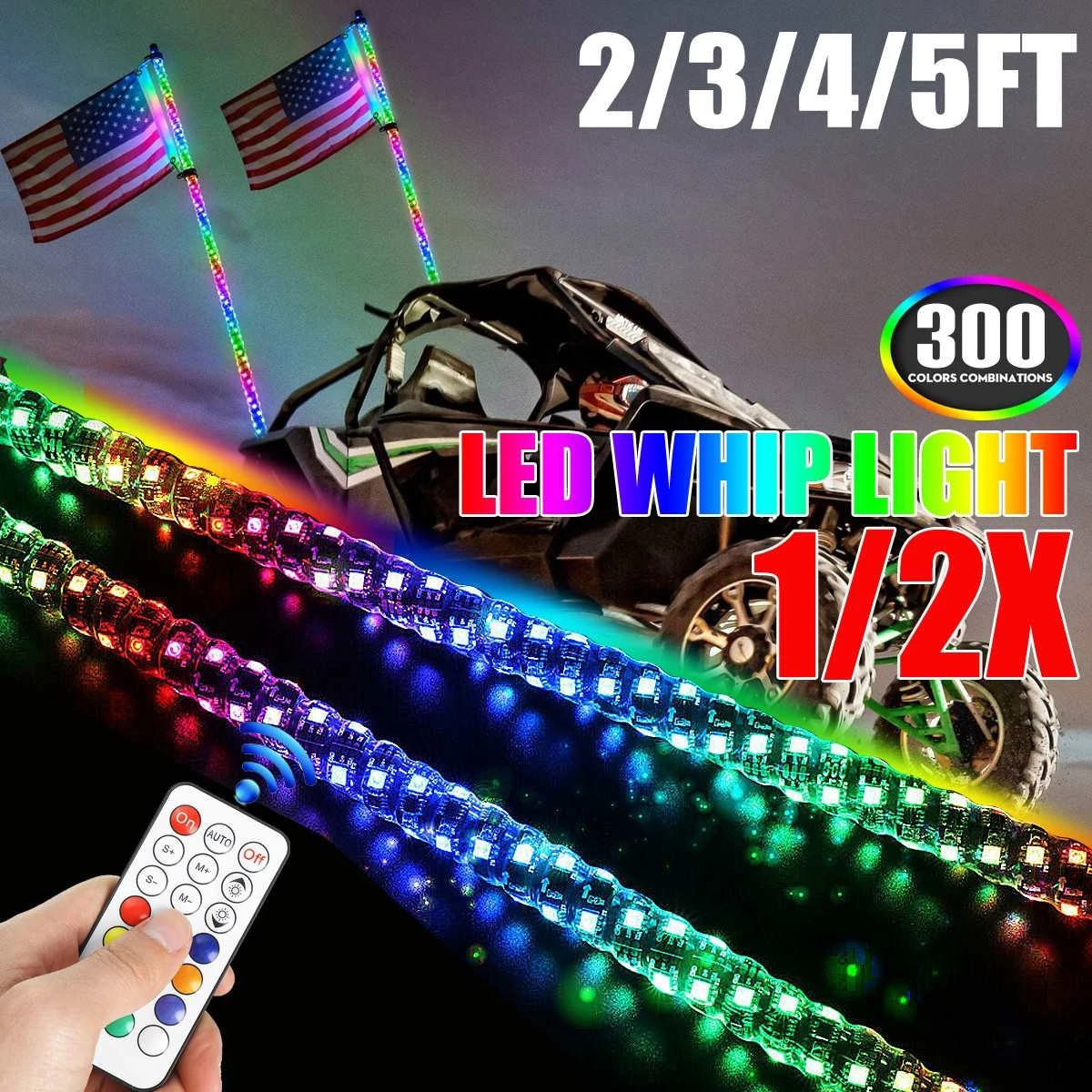 2/3/4/5FT LED Whip Light RGB Waterproof Bendable Remote Control Multi-color Super Bright Flagpole Light for SUV ATV RZR polaris