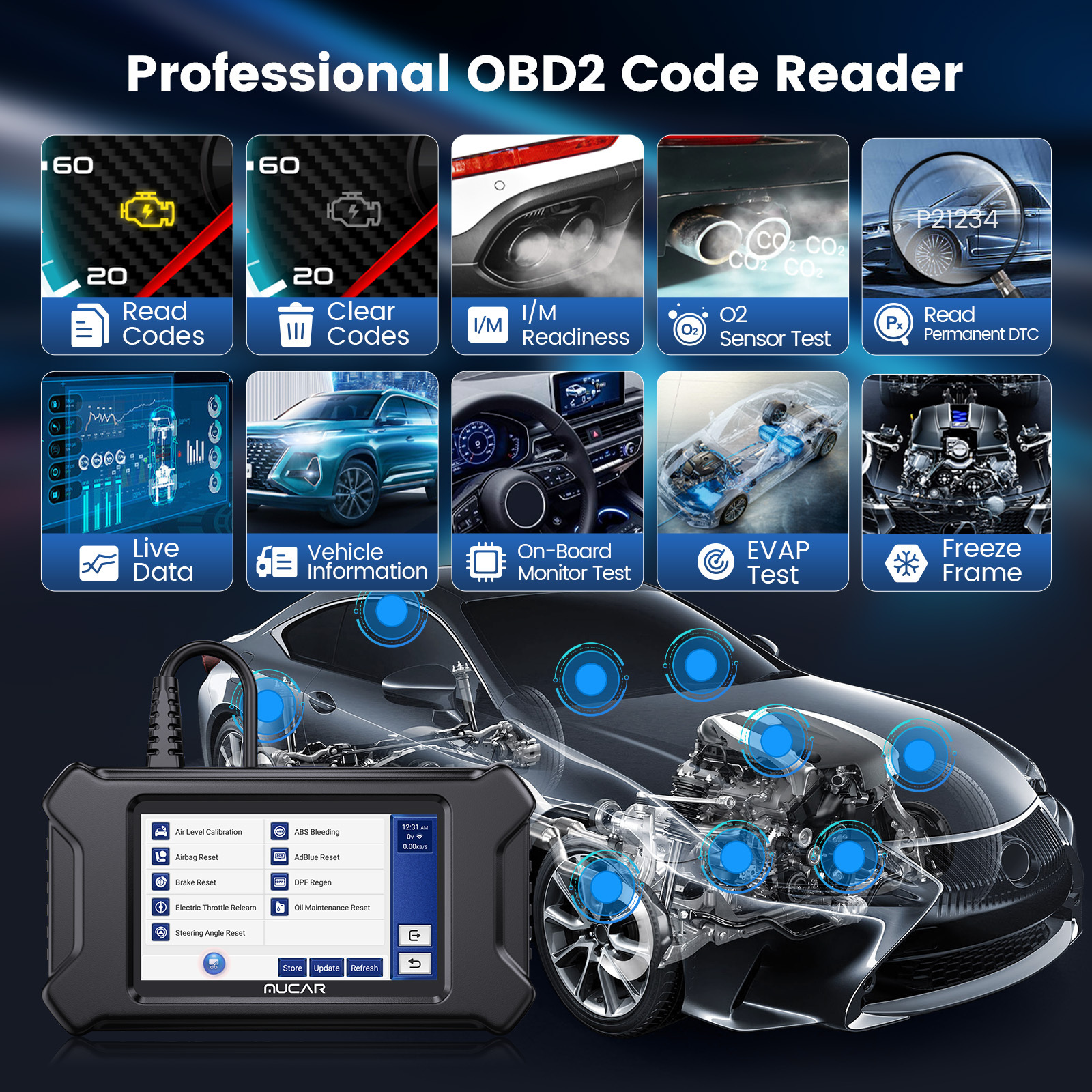 MUCAR CS4 OBD2 Scanner 4 Systems ABS SRS ECM TCM Diagnostic Tool 5 Reset Services Oil EPB SAS TPMS ETS Update Free Lifetime