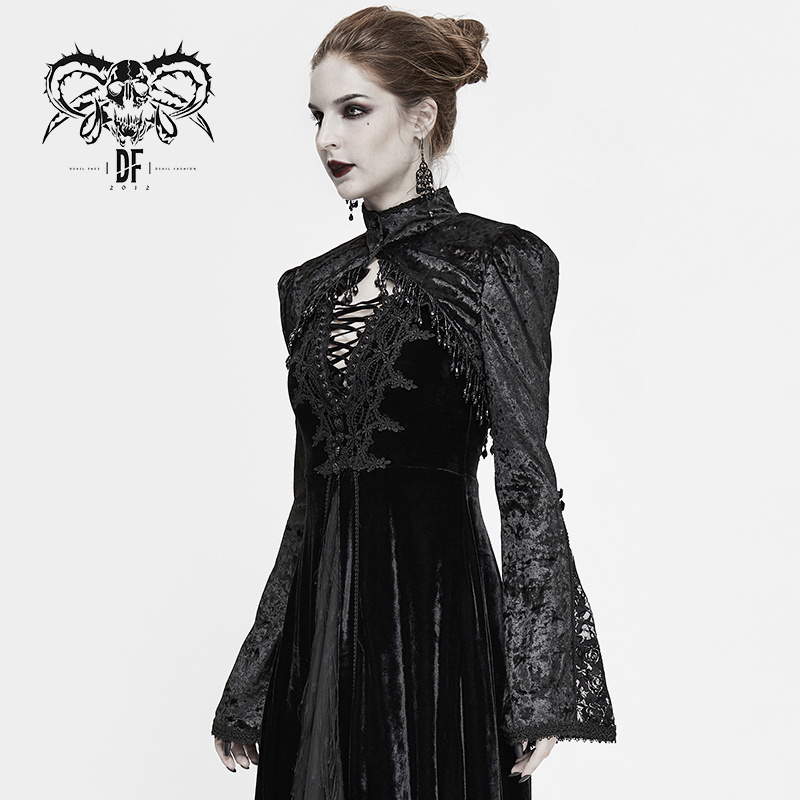 CA020 gothic stand collar sexy ladies lace bubble sleeves velvet small shawl with tassels