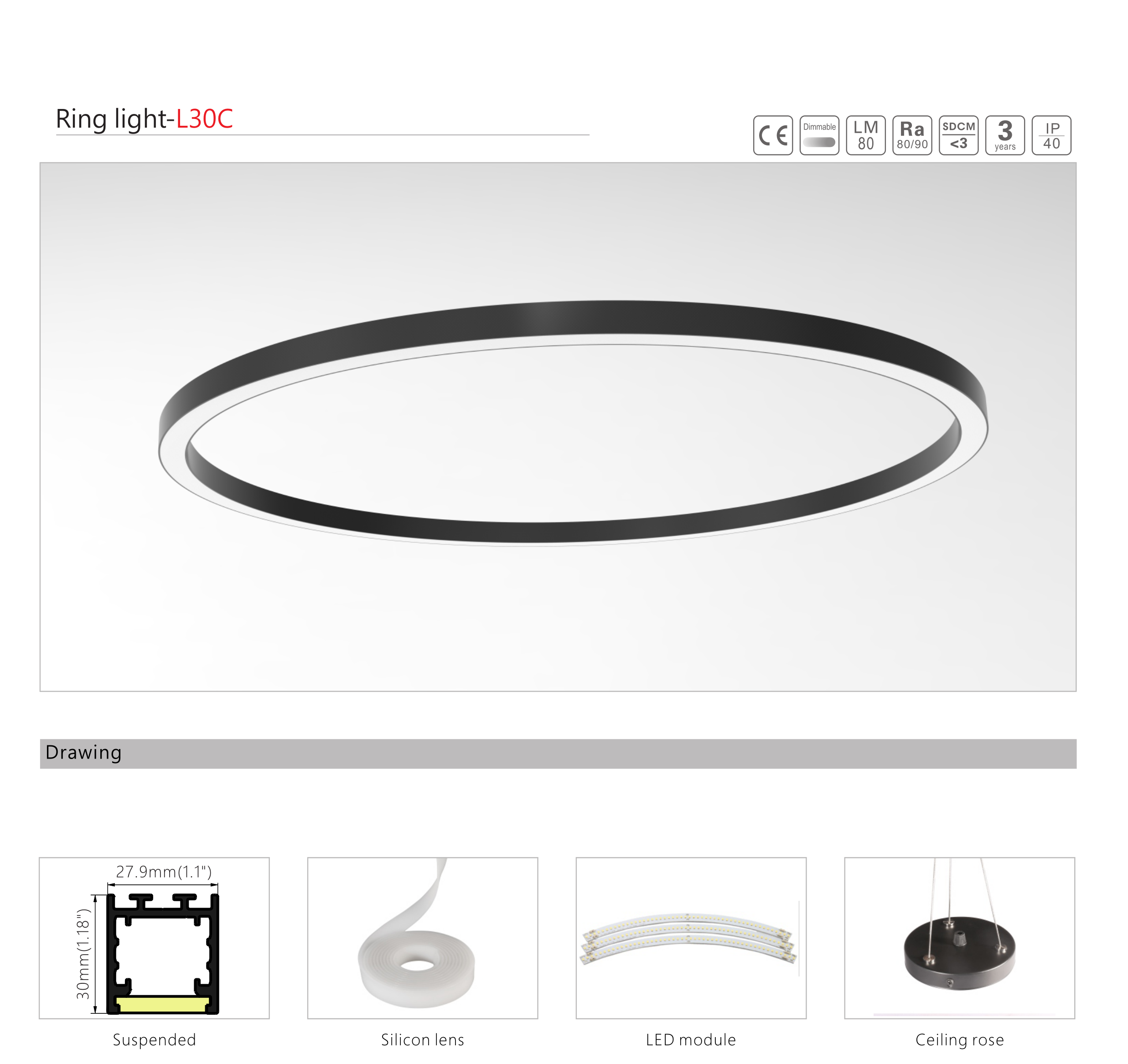 Ceiling Suspended Black Curved LED Aluminum Profile for Circle LED Ring Light