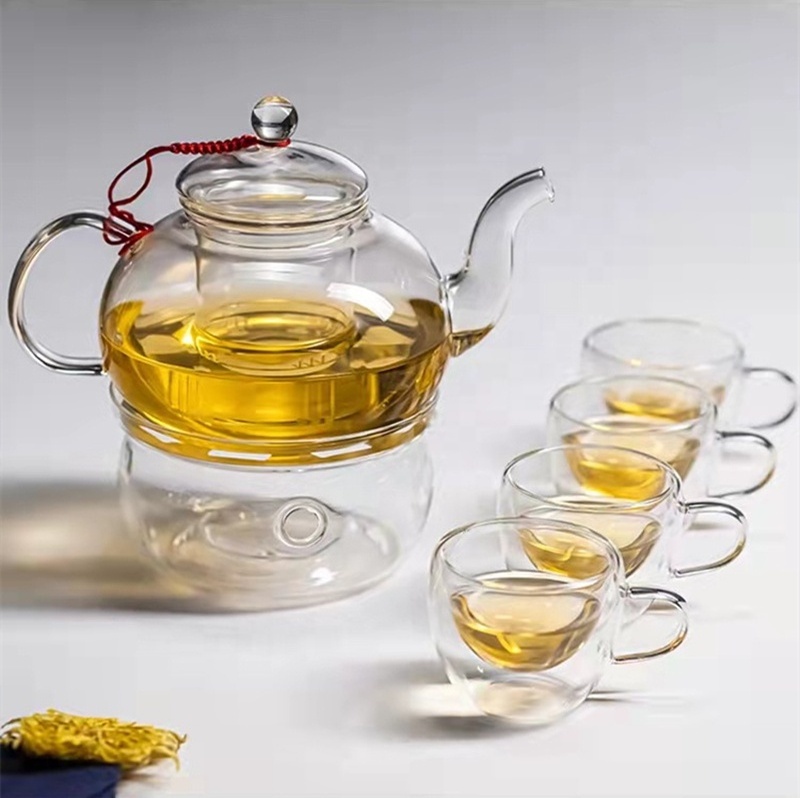 27oz Glass Teapot Set Stovetop Safe Tea Infuser Maker with Candle Warmer and 6 Double Wall Teacups,Blooming & Loose Leaf Tea Pot