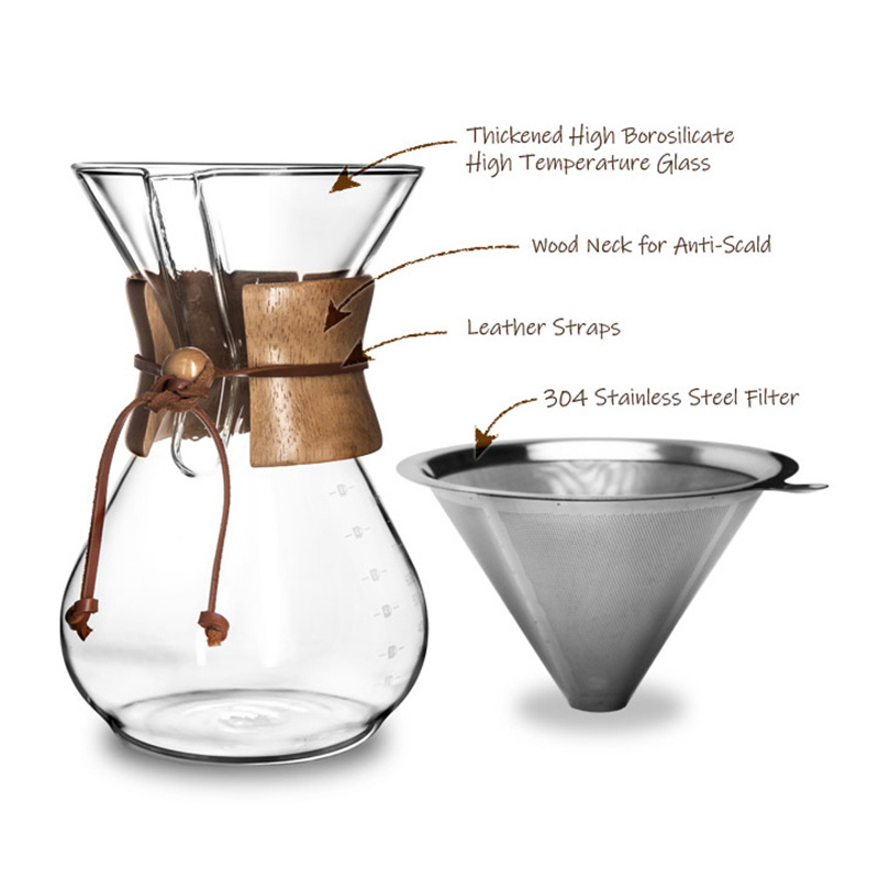 Hot Selling Pour Over Glass Coffee Maker with Wooden Collar and Metal Filter 8 Cup/6 Cup