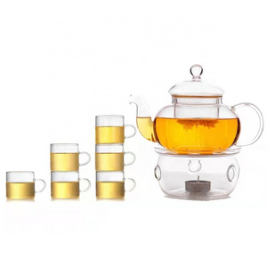 27oz Glass Teapot Set Stovetop Safe Tea Infuser Maker with Candle Warmer and 6 Double Wall Teacups,Blooming & Loose Leaf Tea Pot