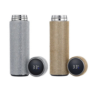 2021 Luxury Led Temperature Display Thermal Metal Insulated Smart Bling Diamond Thermo Rhinestone Tumbler Thermo Water Bottle