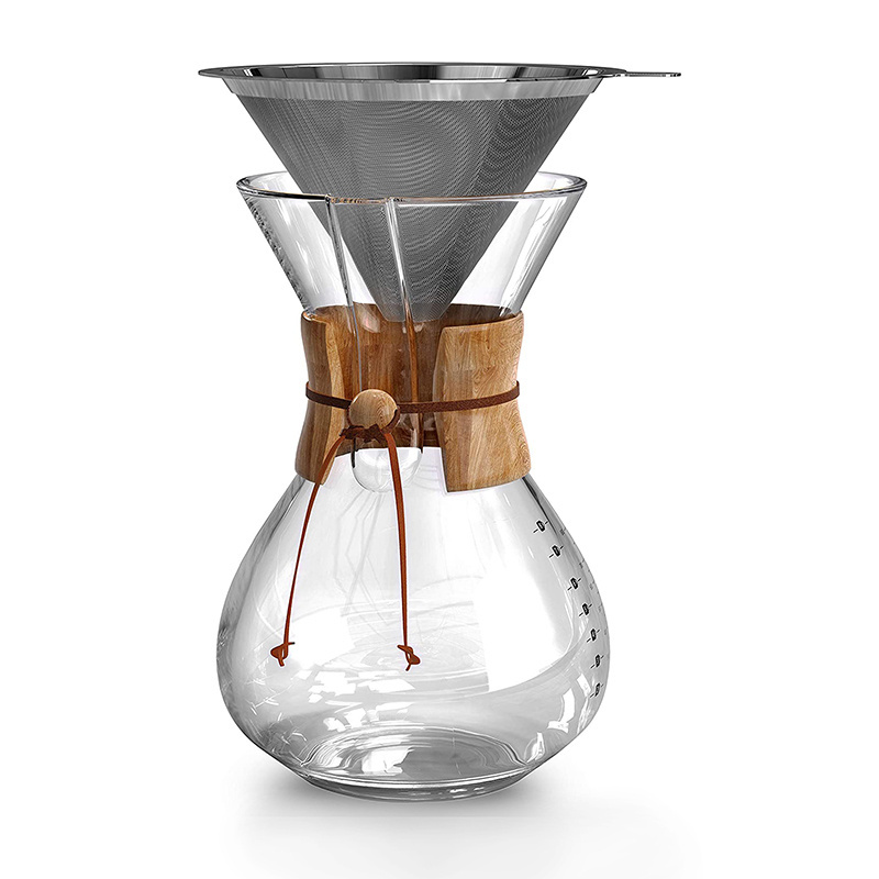 Hot Selling Pour Over Glass Coffee Maker with Wooden Collar and Metal Filter 8 Cup/6 Cup