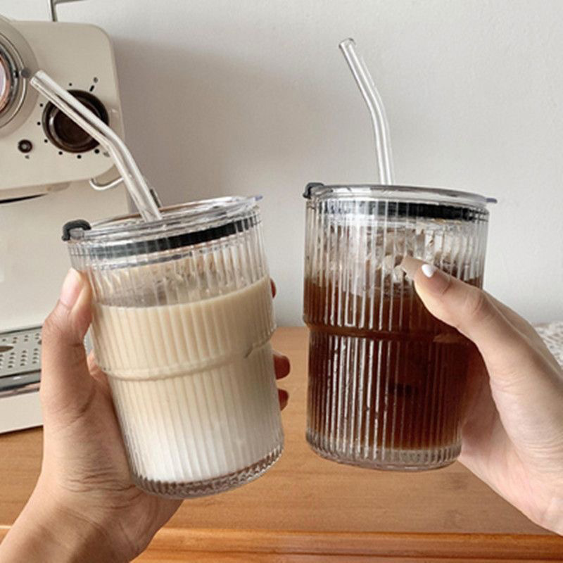 450ml Simple Stripe Coffee Glass Cup With Lid and Straw Transparent Bubble Tea Cup Juice Glass Milk Mocha Cup Breakfast Mug