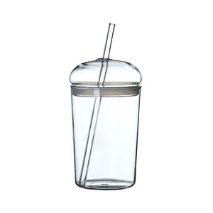 Wholesale 450ML Customized logo Iced Coffee Cup Glass Tumbler With Dome GlassLids And Straws Coffee Soda Can Glass Cup Mug