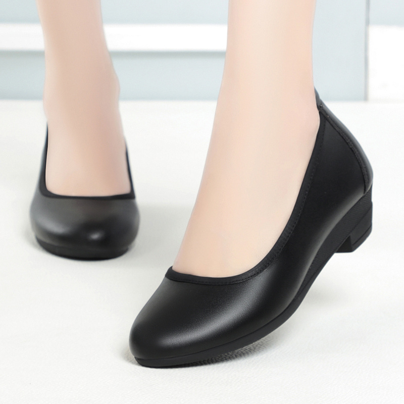 Black leather shoes new women's shoes wedge heel comfortable soft sole non-slip round head flight attendant women's shoes