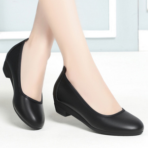 Black leather shoes new women's shoes wedge heel comfortable soft sole non-slip round head flight attendant women's shoes